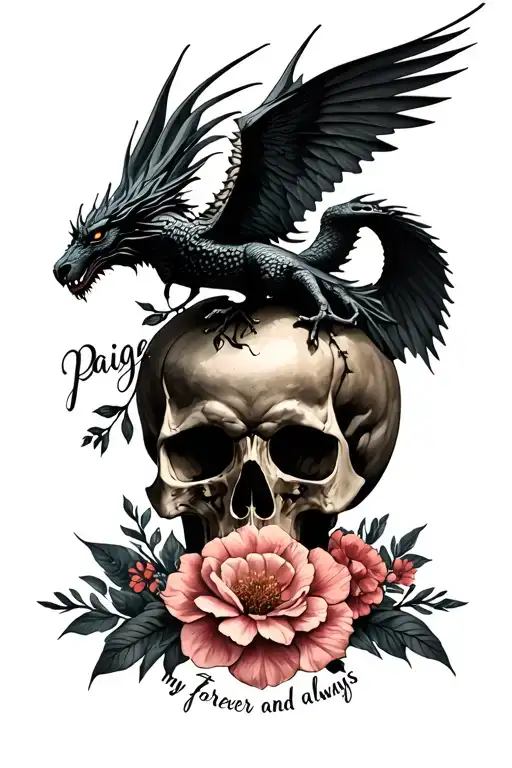 "paige is my forever and always" flowers blooming and a phoenix and dragon flying over a skull  tattoo design idea