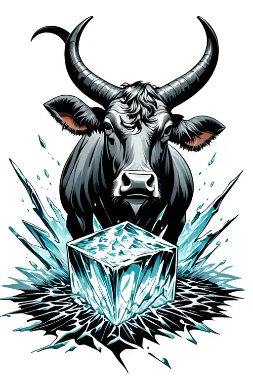 audumla from Norse mythology. cow with horns ramming it's horns into an cracking ice cube. silhouette of god inside tattoo design idea