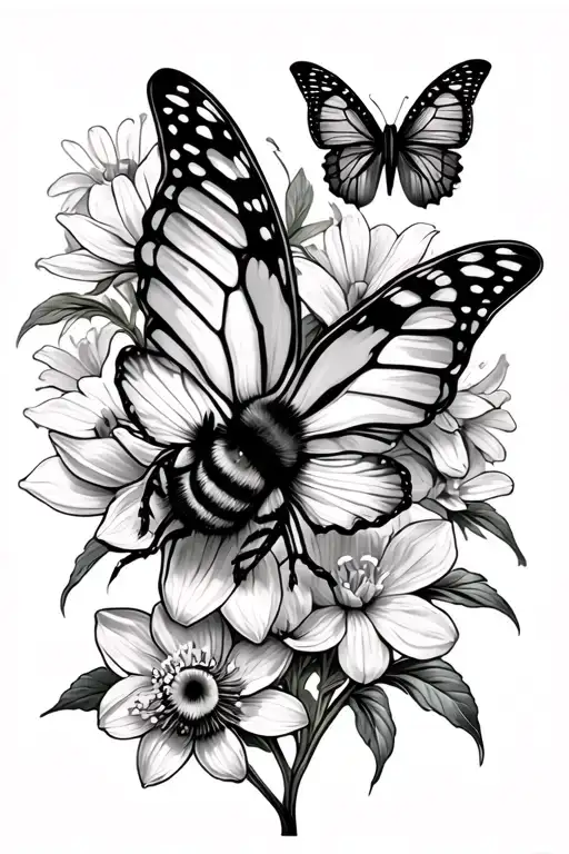 butterflies daffodil bumble bee forget me nots surrounding tattoo design idea