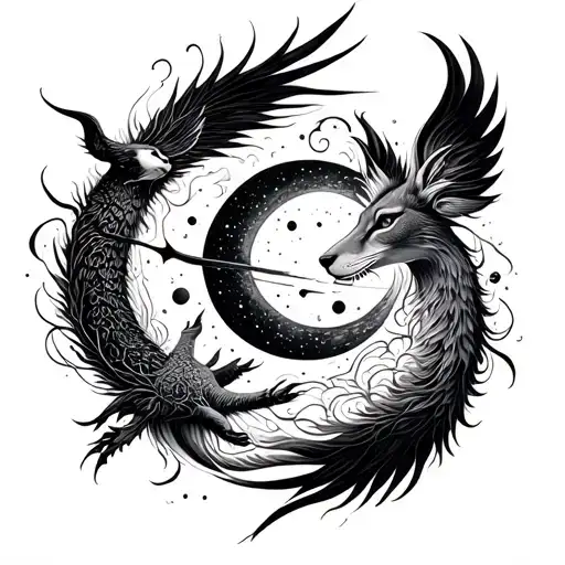An intricate design of animal spirits merging with celestial bodies in a cosmic dance tattoo design idea
