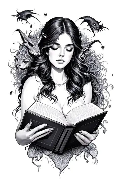 woman reading a book with fantasy creatures coming out of the book tattoo design idea