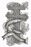 wooden cross with salmon swimming tattoo design idea