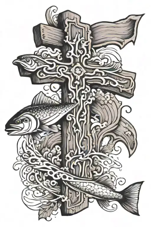 wooden cross with salmon swimming tattoo design idea
