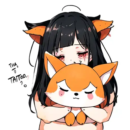 a depressed girl with leaking mascara on her eyes hugs a plush shaped like a fox tattoo design idea