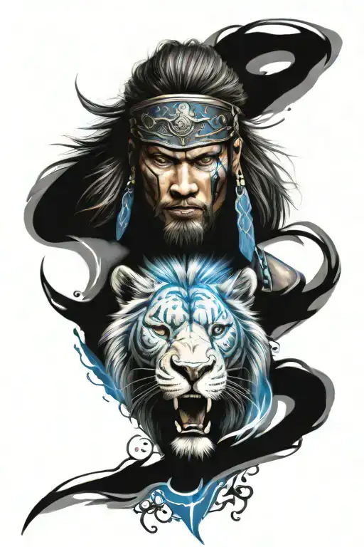 Create  tattoo with samurai warrior with a male lions head with blue lightening and roman numerals tattoo design idea