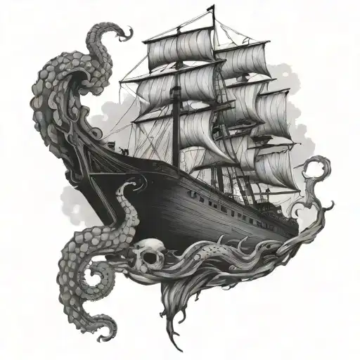 create a tatoo where huge octopus is attacking old wooden ship. you can see sailors throwing harpoon on it. tattoo design idea