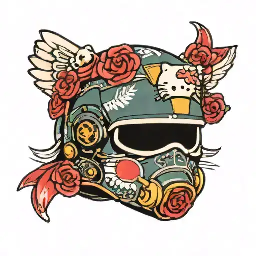 hello kitty military helmet tattoo design idea