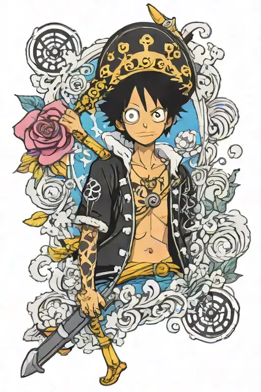 trafalgar law one piece, flowers, hearts tattoo design idea