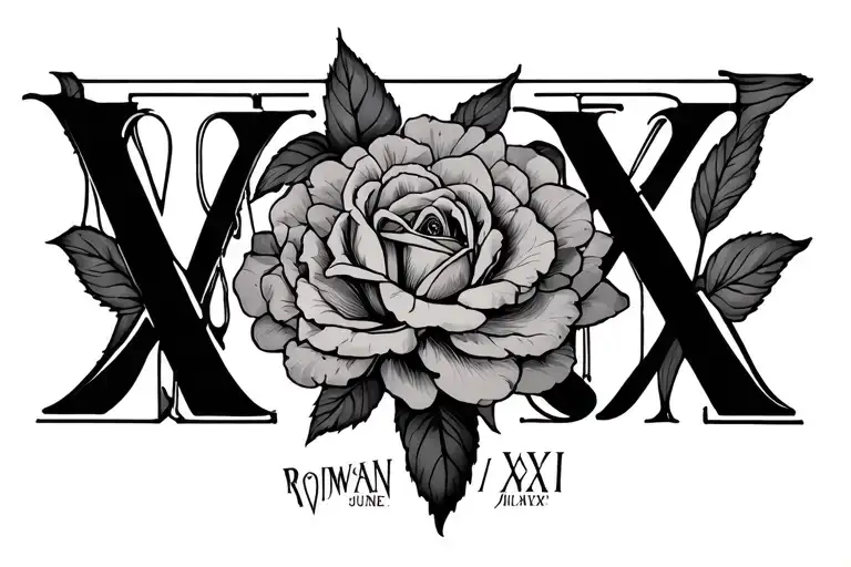 IV・MMXXI・XXI with Rowan June through it in cursive tattoo design idea