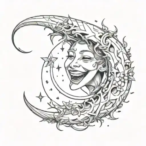 evil sexy laughing smile now cey later with flying music notes intertwined crescent moon tattoo design idea