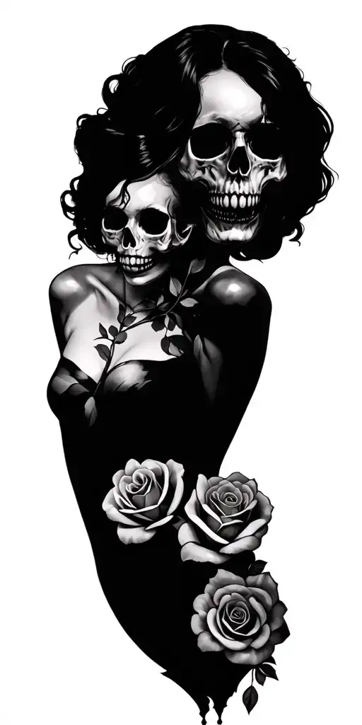 skull , roses ., gothic themed annd a hot seductive woman tattoo design idea