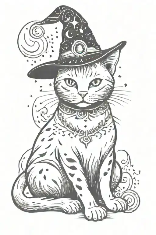 detailed full body Cat with witch hat and sparkles around tattoo design idea