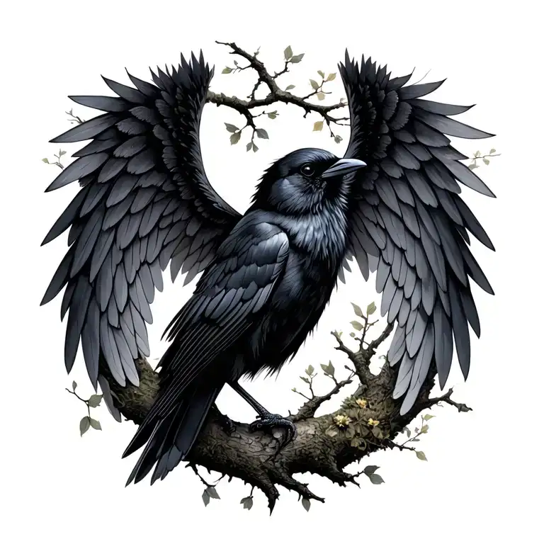 1 black crow earthy feminine fairy wings in tree tattoo design idea