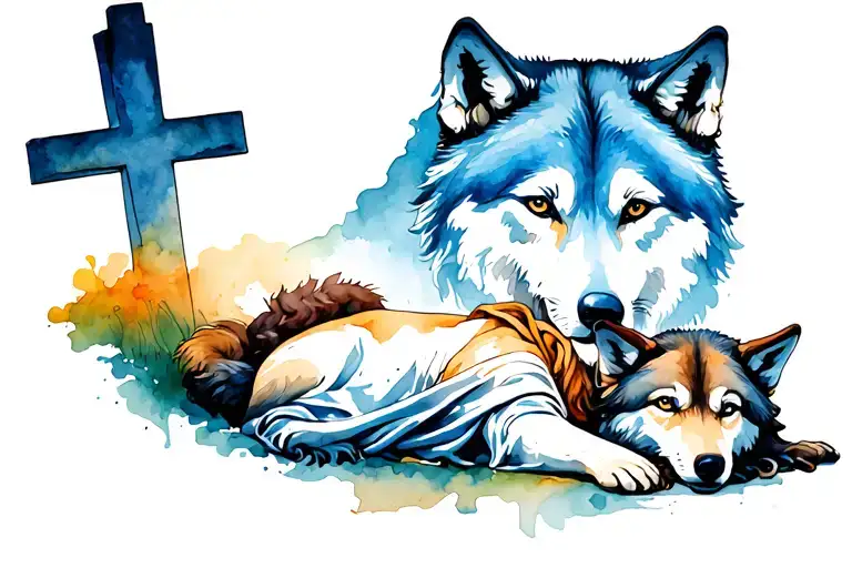 Jesus cross with lone wolf laying down beside it  tattoo design idea