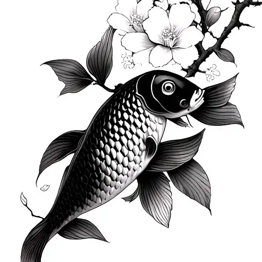 Create a design for a very minimal tattoo representing the Japanese orizuru, a cherry branch or flowers and a koi carp.  tattoo design idea