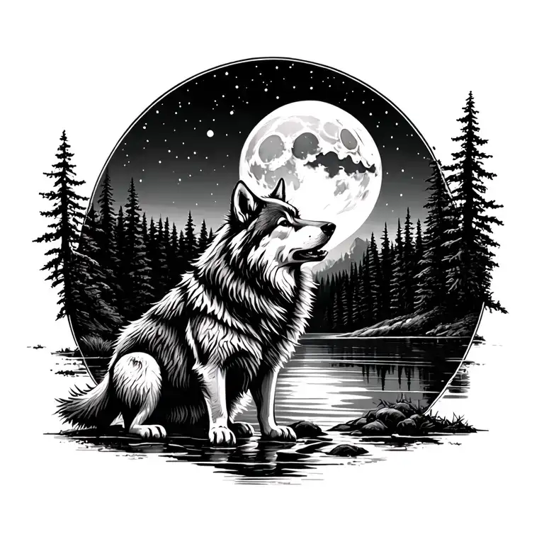 adult wolf in front of a lake forest howling at the moon in the distance tattoo design idea