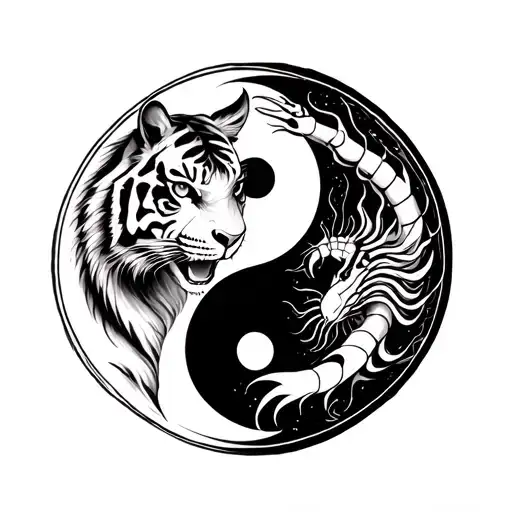 yin yang tattoo with a tiger on the white side and a Scorpio on the black side tattoo design idea