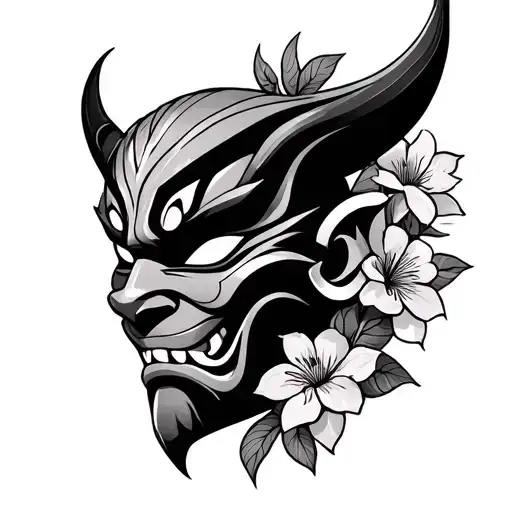 make an Oni mask looking sideways, with flowers around it, in blackwork style tattoo design idea