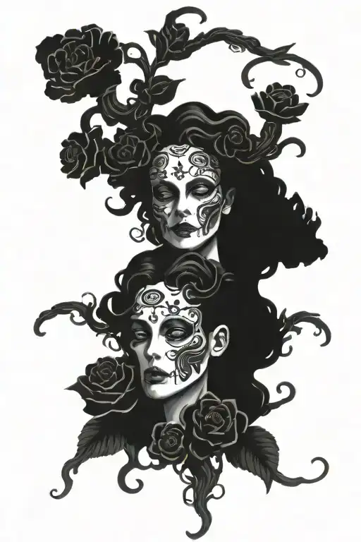 medusa, skulls, flowers intertwined tattoo design idea