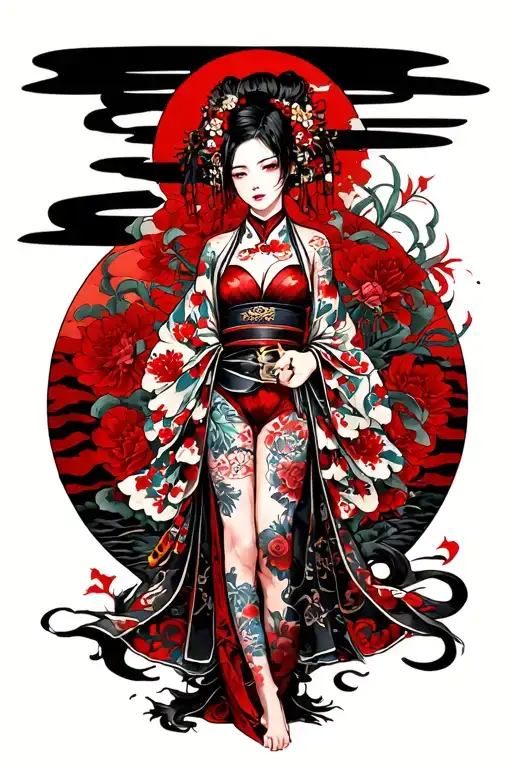 Sin Anger in the form of a BDSM girl in a full-length tattoo design idea