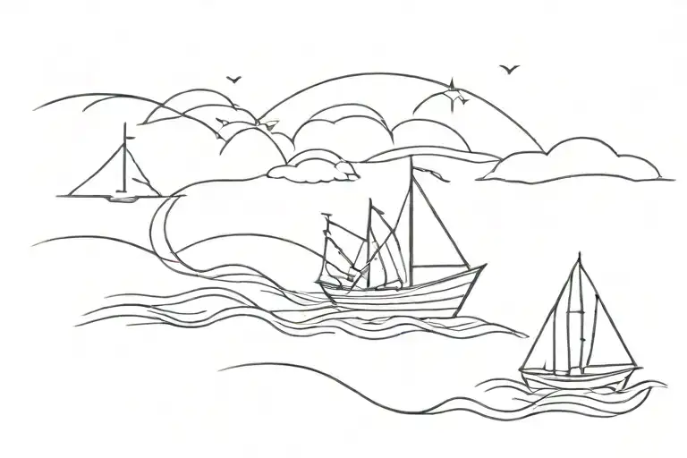 mother son and father sailing on a boat and waves  tattoo design idea
