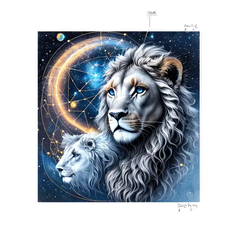 constellation of virgo and leo intertwined and combined with the dirac equation tattoo design idea