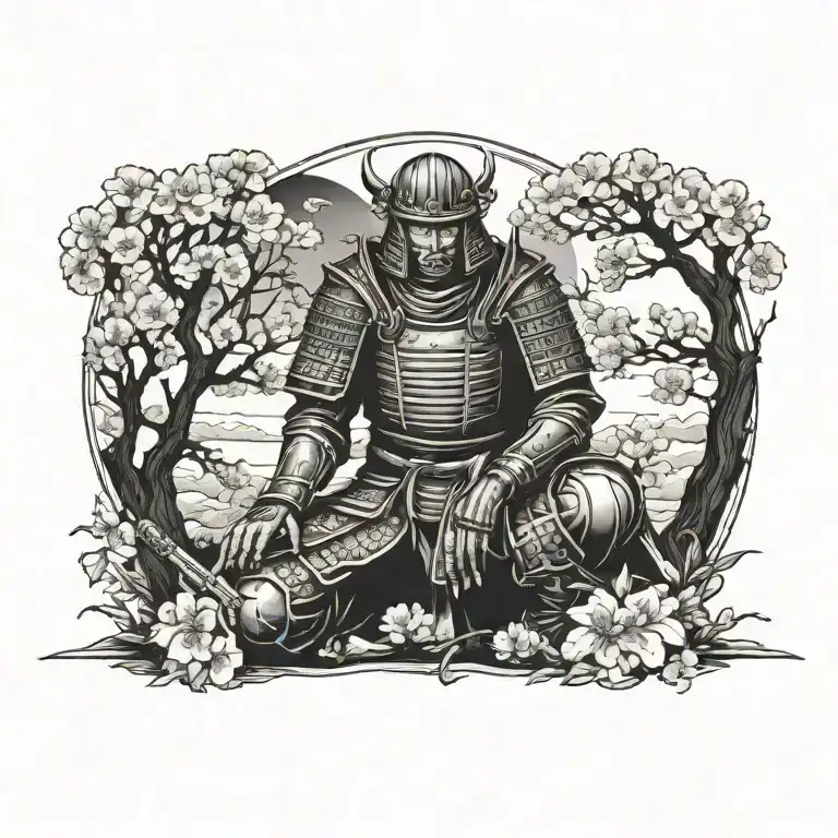 Samurai in armor and helmet kneeling under cherry tree on his sword, head bowed, in view of rising sun and morning birds tattoo design idea