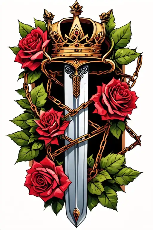 vine with thorns, leaves a few roses entwines a sword with a crown while breaking chains tattoo design idea