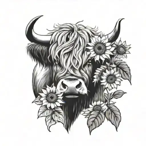highland cow and sunflowers tattoo design idea