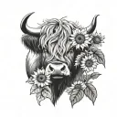 highland cow and sunflowers tattoo design idea