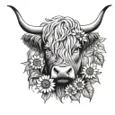 highland cow and sunflowers tattoo design idea