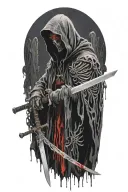 angel of death, in a black tattered cloak with a hood, with red eyes with a glare, with a katana tattoo design idea