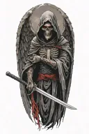angel of death, in a black tattered cloak with a hood, with red eyes with a glare, with a katana tattoo design idea