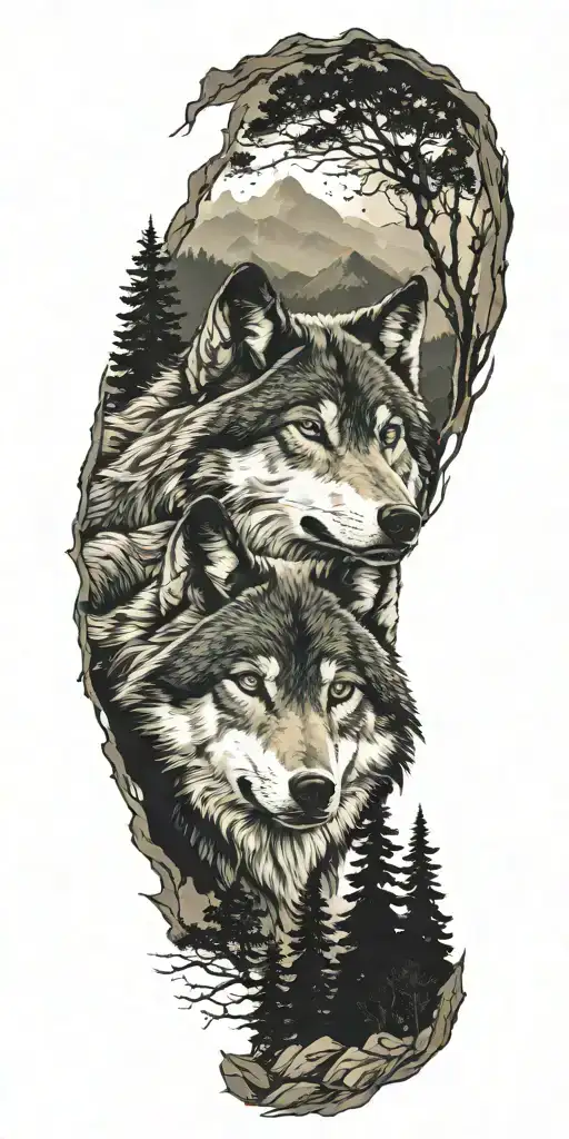 wolf  and woods and mountains tattoo design idea
