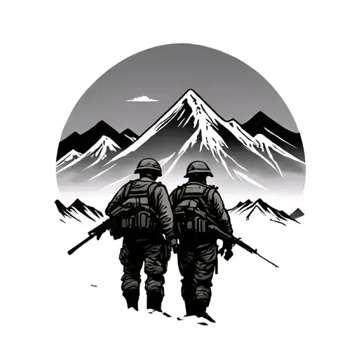 two soldiers silhouettes overlooking Korean mountain range tattoo design idea