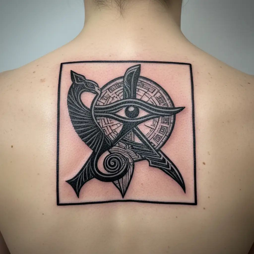 eye of ra and Horus facing each other with ankh  tattoo design idea