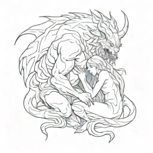 a petite woman comforting a large demon beast shadowed in darkness tattoo design idea