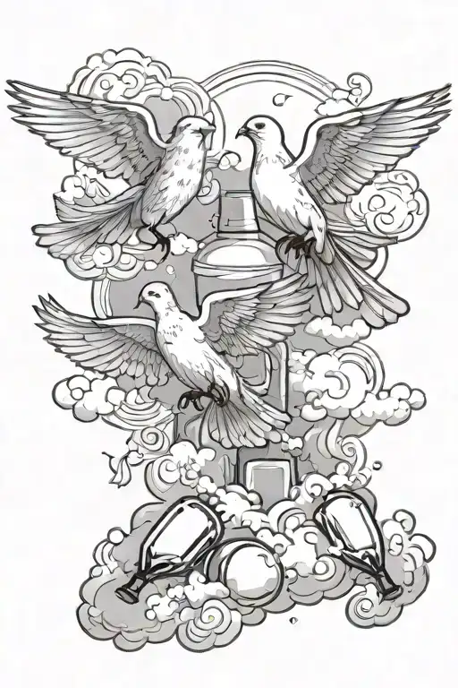 doves flying trough clouds. with tequila bottles on the ground tattoo design idea