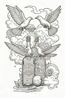doves flying trough clouds. with tequila bottles on the ground tattoo design idea