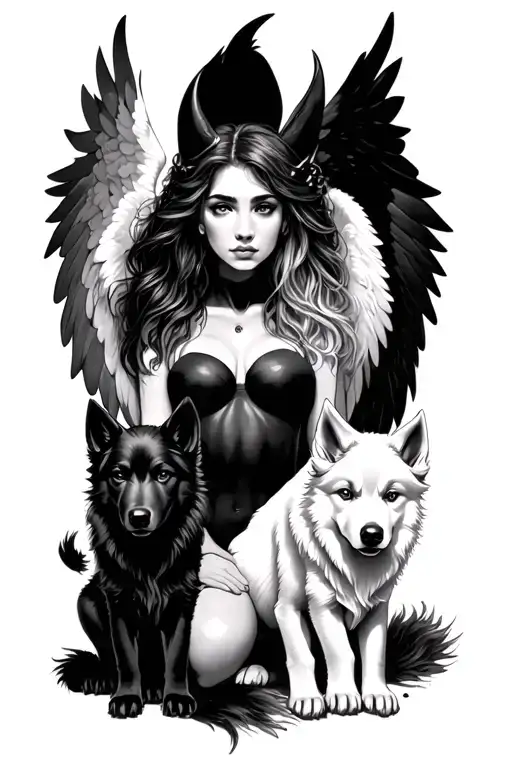 Calf tattoo, half angel, half demon woman, one black and one white wolf puppies sitting either side on her tattoo design idea