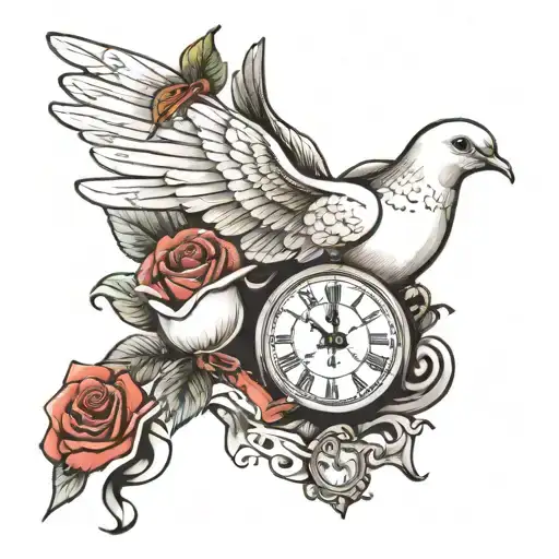 dove with a clock and a rose and three ribbons and another two doves  tattoo design idea