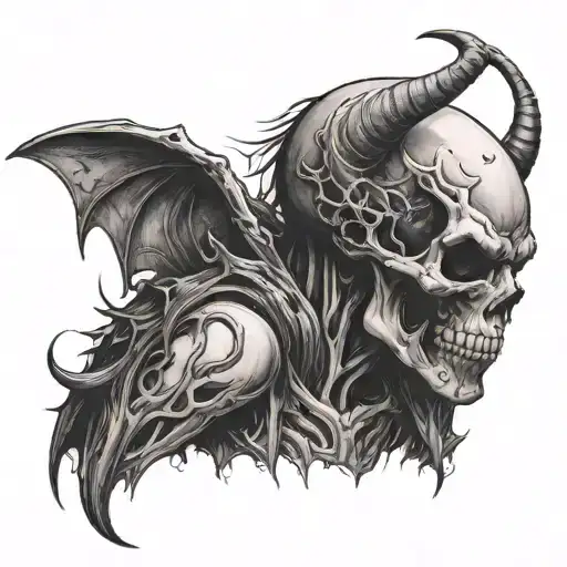 scary skeleton devil on your shoulder whispering violent death and destruction in your ear tattoo design idea