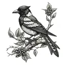 magpie with branches and berries intertwined on the back of the hand, extending onto the fingers and wrist  tattoo design idea