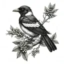 magpie with branches and berries intertwined on the back of the hand, extending onto the fingers and wrist  tattoo design idea