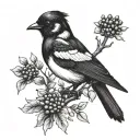 magpie with branches and berries intertwined on the back of the hand, extending onto the fingers and wrist  tattoo design idea