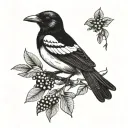 magpie with branches and berries intertwined on the back of the hand, extending onto the fingers and wrist  tattoo design idea
