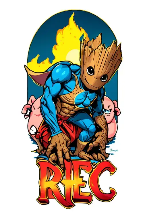 Groot leaning over the letters RHEC with Stitch and Majin Buu in the background  tattoo design idea