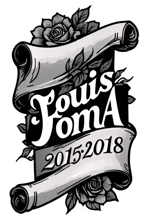 "Louis Tom A 2015 2018" Scroll With Birthdate inside tattoo design idea