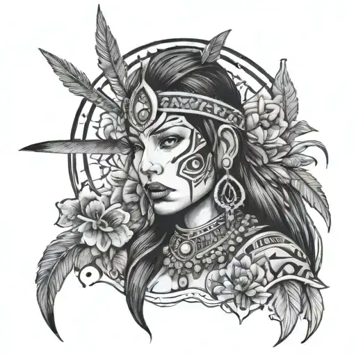 Amanda as a warrior princess with native american motifs and black iris flowers tattoo design idea