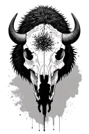 Bison skull with a bison and person silhouette filled tattoo design idea
